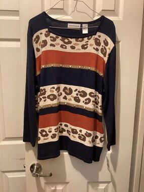 Alfred Dunner Navy, Cream & Rust Striped Knit Top with Leopard Detail